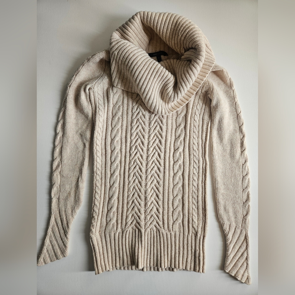 BCBGMaxAzria Cream Cable Knit Cowl Neck Sweater